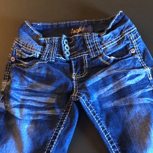 Girls size 0 Jeans Angels Distressed Blue double stitched Stretch faded pants - Picture 2 of 7